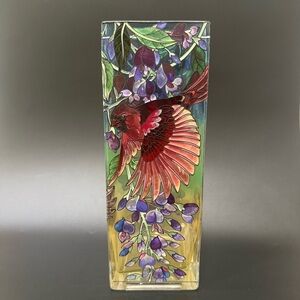 AMIA Studios Hand Painted Stained Glass Colorful Birds Wisteria Flowers 10” Vase